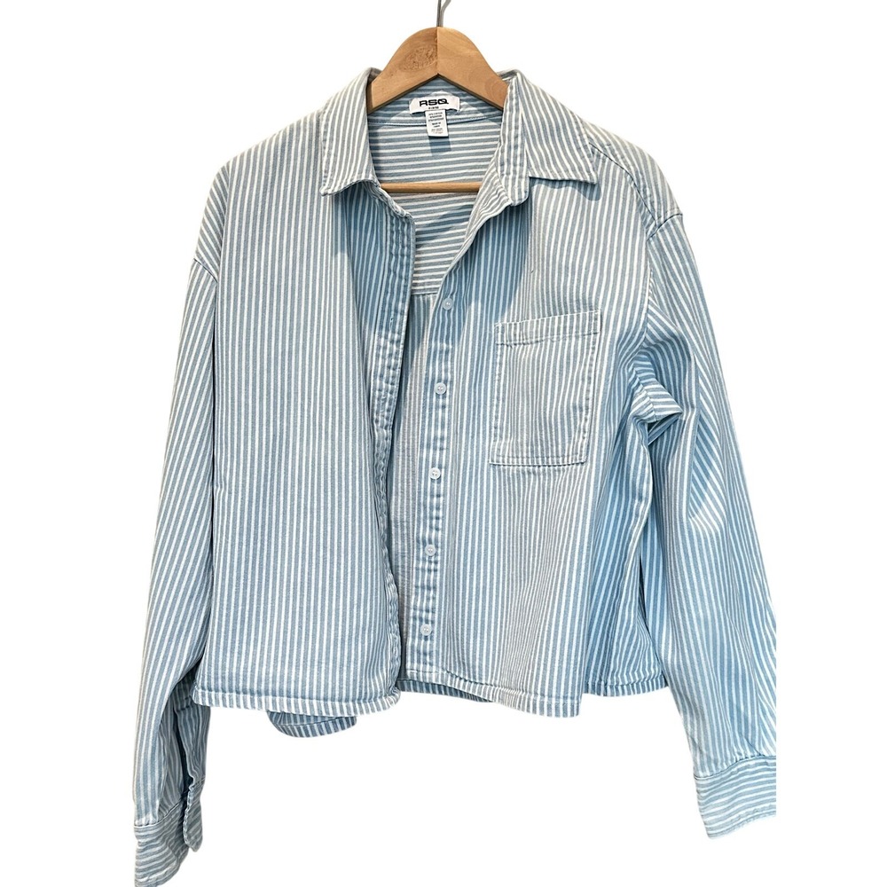 RSQ Blue White Stripe‎ Crop Button Up Shirt XL Oversized